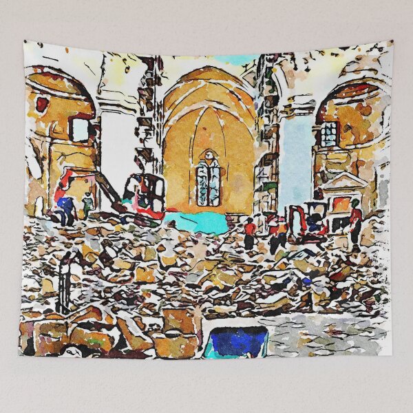Item preview, L'Aquila: wheelbarrow and firefighters at work in the collapsed church designed and sold by Giuseppe Cocco.