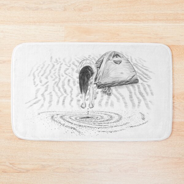 Item preview, Illustration of a girl washing face next to her camping tent in a desert morning designed and sold by iswenyi.