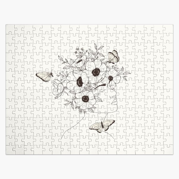 Women Portrait with Flowers and Butterflies Nymph Line Art Jigsaw Puzzle