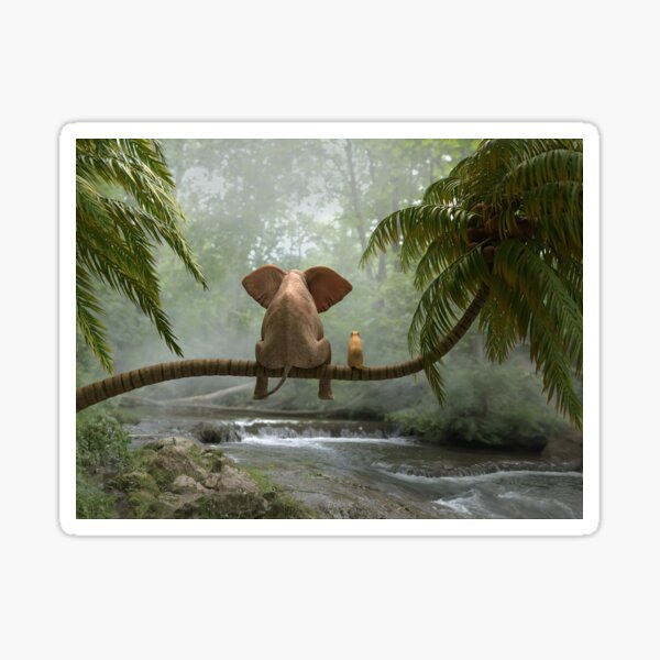 elephant and dog sit on a palm tree in tropical forest Sticker