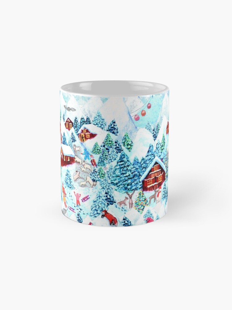 Thumbnail 4 of 6, Coffee Mug, Christmas Alpine Village with kids, reindeer, owls, mountains, mountain goats, kids and christmas trees designed and sold by MagentaRose.