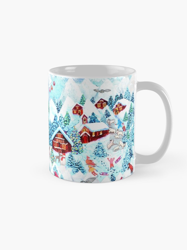 Thumbnail 5 of 6, Coffee Mug, Christmas Alpine Village with kids, reindeer, owls, mountains, mountain goats, kids and christmas trees designed and sold by MagentaRose.