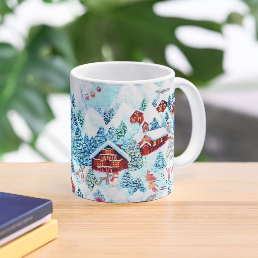Christmas Alpine Village watercolor painting with kids, reindeer, owls, mountains, mountain goats, kids and christmas trees Coffee Mug