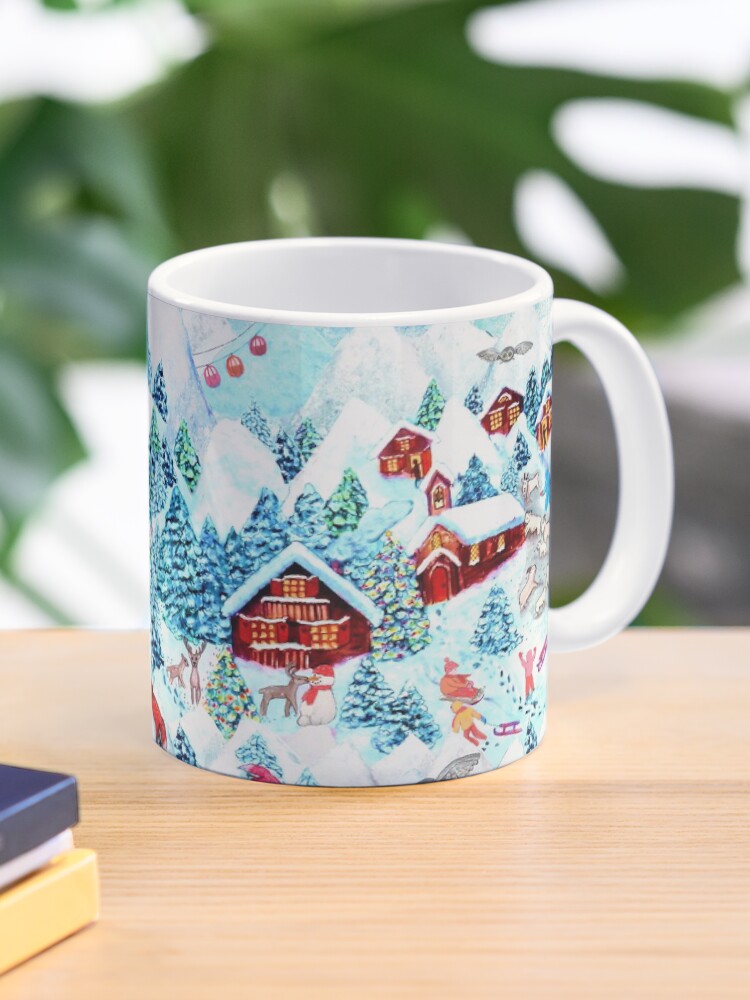 Thumbnail 1 of 6, Coffee Mug, Christmas Alpine Village with kids, reindeer, owls, mountains, mountain goats, kids and christmas trees designed and sold by MagentaRose.