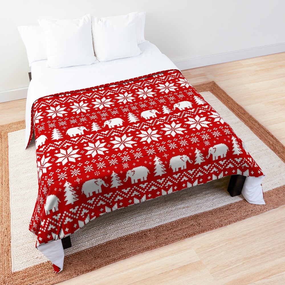 Cute Elephants Red and White Christmas Holiday Pattern Comforter
