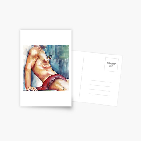 Muscular Male Reclining with Butterfly on Chest Postcard