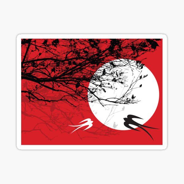 Item preview, Oriental Swallows And Black Silhouette Branches In Moonlight On Red © fatfatin  designed and sold by fatfatin.