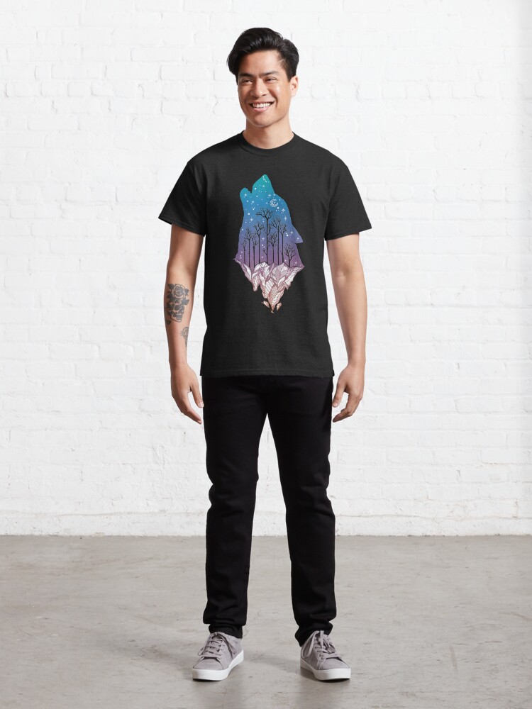 Alternate view of Lone Wolf Howling at the Moon in a Forest on a Mountain Range Classic T-Shirt