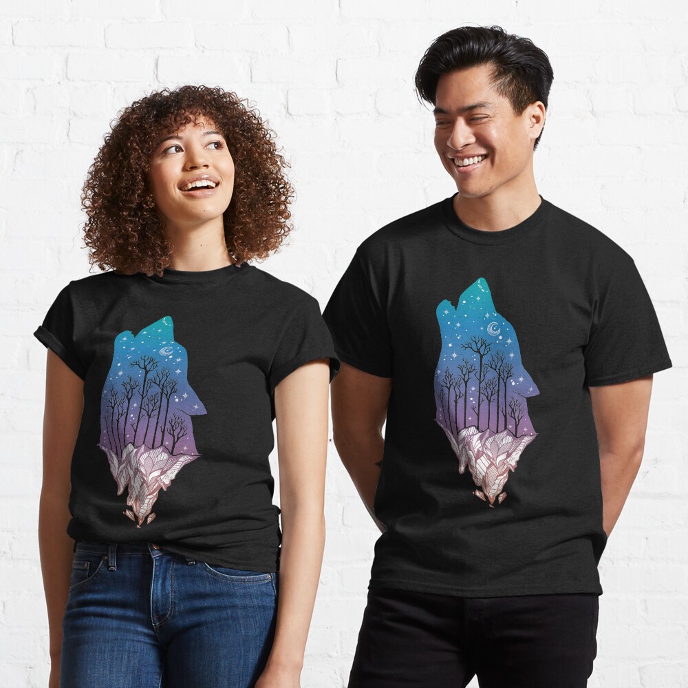 Lone Wolf Howling at the Moon in a Forest on a Mountain Range Classic T-Shirt