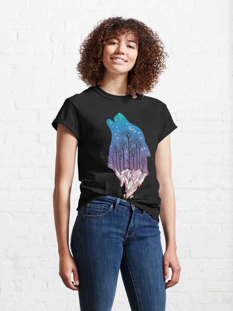 Alternate view of Lone Wolf Howling at the Moon in a Forest on a Mountain Range Classic T-Shirt