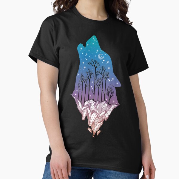 Vista previa del artículo con la obra «Lobo solitario aullando a la luna en un bosque en una cordillera», diseñado y vendido por Magnetic Pajama.