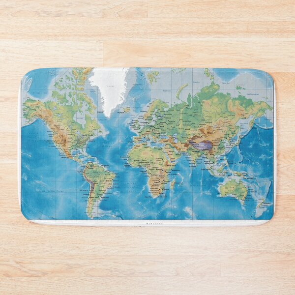 Item preview, World map, relief topographic map of the world with names of the oceans, seas, Lakes, Rivers, capitals and major cities designed and sold by mashmosh.