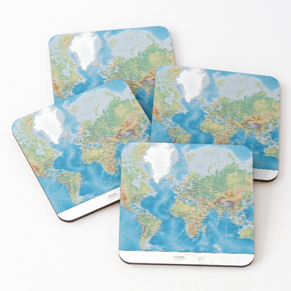 Item preview, World map, relief topographic map of the world with names of the oceans, seas, Lakes, Rivers, capitals and major cities designed and sold by mashmosh.