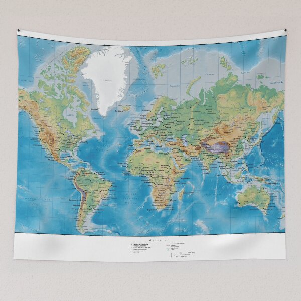 Item preview, World map, relief topographic map of the world with names of the oceans, seas, Lakes, Rivers, capitals and major cities designed and sold by mashmosh.