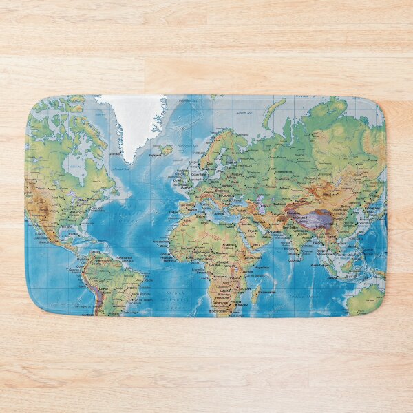 Item preview, World map, topographic map of the world with names of the oceans, seas, Lakes, Rivers, capitals, major cities and international boundaries designed and sold by mashmosh.