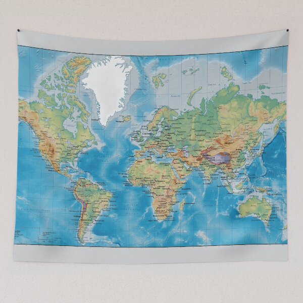Item preview, World map, topographic map of the world with names of the oceans, seas, Lakes, Rivers, capitals, major cities and international boundaries designed and sold by mashmosh.
