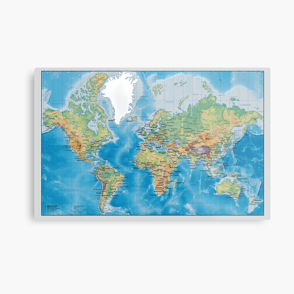 Poster For Sale Avec L'œuvre « Carte Physique Du Monde Carte Topographique Du Monde Avec Les Noms Des Océans, Des Mers, Des Lacs, Des Rivières Et Des Frontières » De L'artiste Mashmosh
