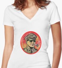 World War II General Corn Cob Pipe Watercolor Women's Fitted V-Neck T-Shirt