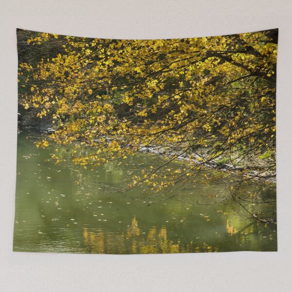 Item preview, Autumnal Riverbank - Golden Maple Tree Leaning Overwater designed and sold by Georgia Mizuleva.