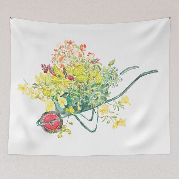 Item preview, hand painted yellow blue and orange flowers in green handcart  designed and sold by ColorandColor.