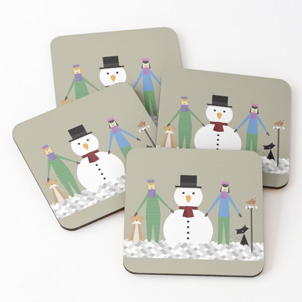 Item preview, Girls making a snowman with a cat and dog. Illustrated in kirigami, origami, papercraft style designed and sold by chattleyworks.