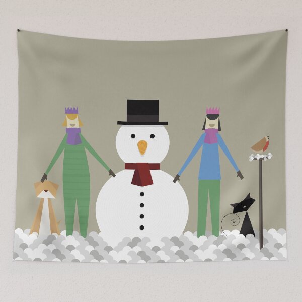 Item preview, Girls making a snowman with a cat and dog. Illustrated in kirigami, origami, papercraft style designed and sold by chattleyworks.
