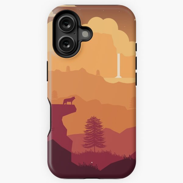 Artikel-Vorschau von Burgunderrotes, orangefarbenes, gelbes Aquarell-Flachdesign mit Berglandschaft, einsamem Wolf und Wasserfall. iPhone- oder Samsung-Handyhülle & Abdeckung, designt und verkauft von RoManSmArt.