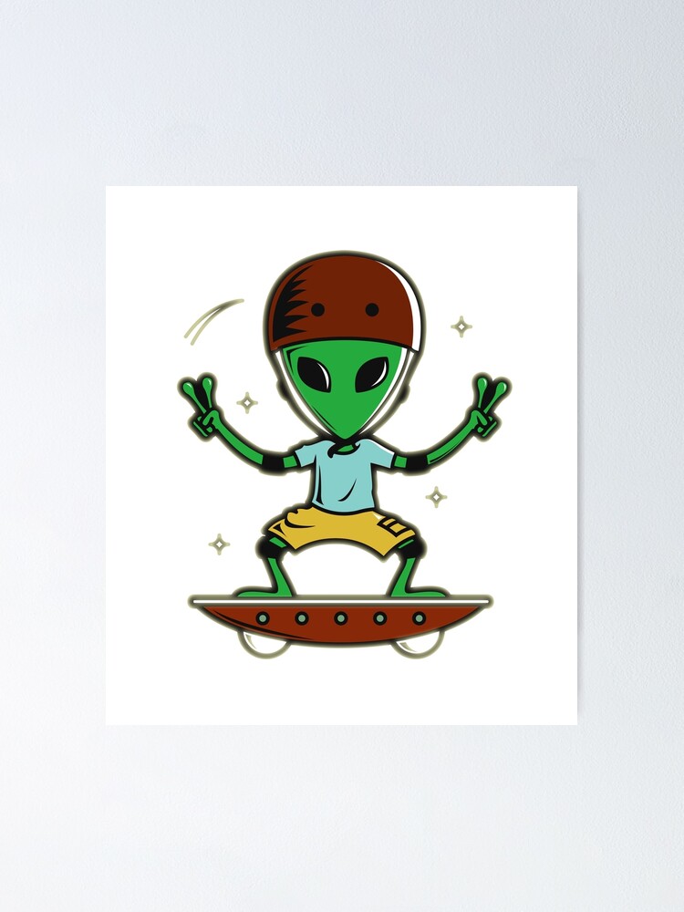 Glowing Alien Hoverboard Skater Skateboarding Showing Cool Peace