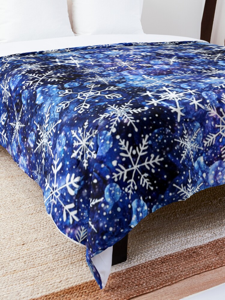 Alternate view of Blue snowflake galaxy, Celestial snowflakes and stars in blue watercolor Comforter