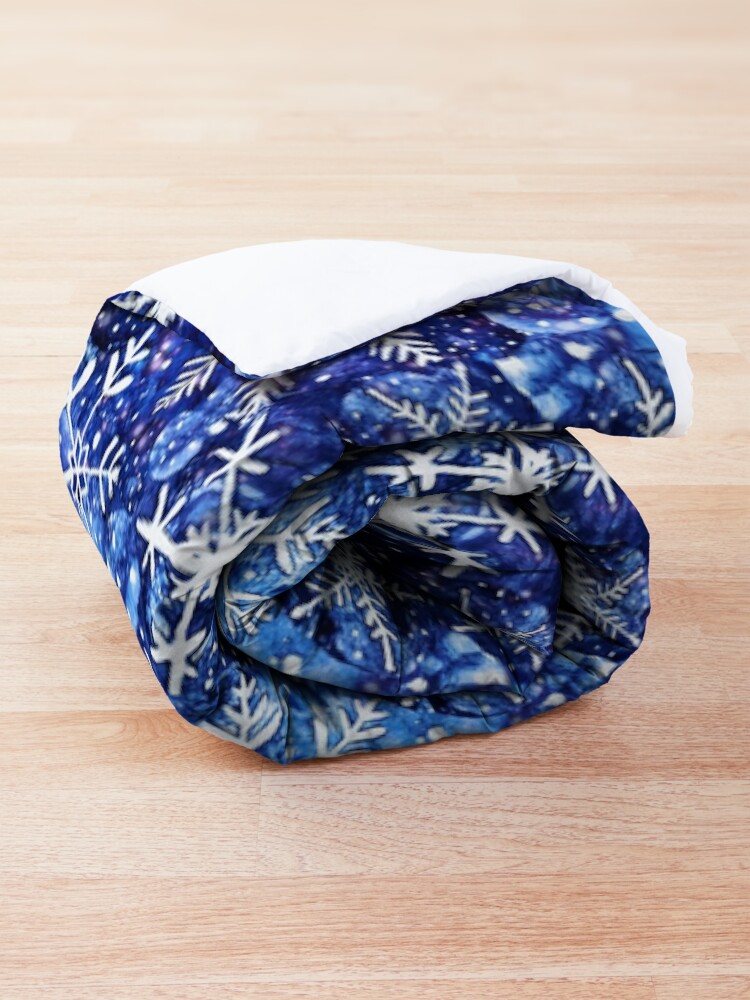 Alternate view of Blue snowflake galaxy, Celestial snowflakes and stars in blue watercolor Comforter