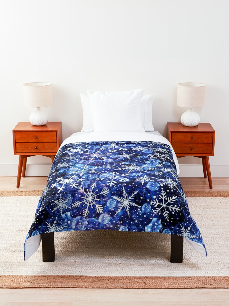 Alternate view of Blue snowflake galaxy, Celestial snowflakes and stars in blue watercolor Comforter