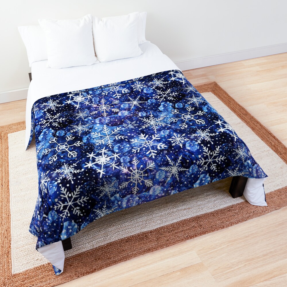 Blue snowflake galaxy, Celestial snowflakes and stars in blue watercolor Comforter