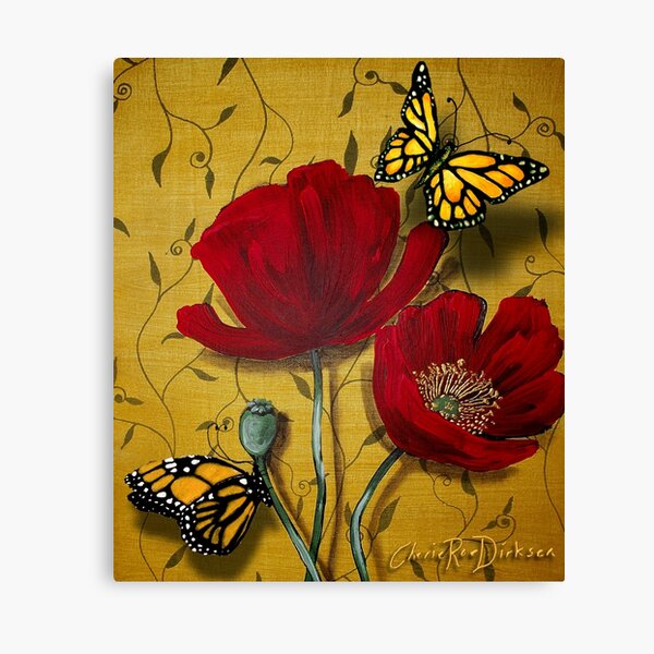 Red Poppies with Monarch Butterflies Canvas Print