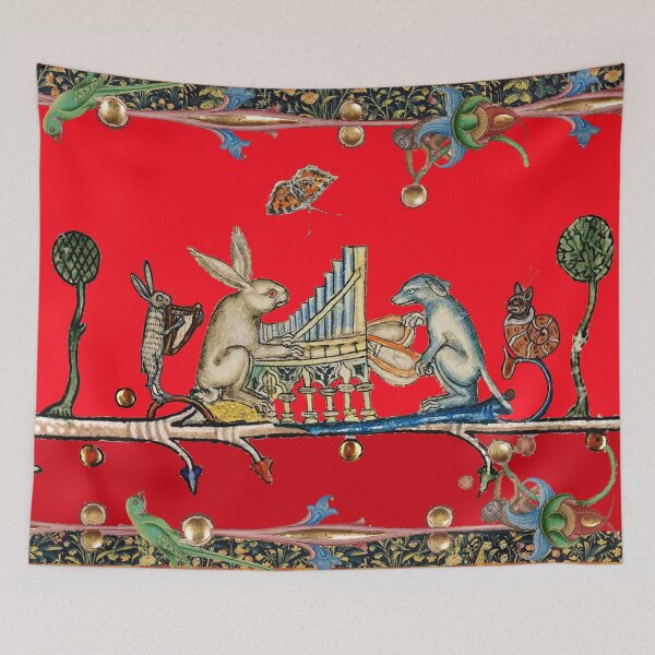 Item preview, WEIRD MEDIEVAL BESTIARY MAKING MUSIC,White Rabbit And Dog Playing Organ, Harpist Hare, Snail Cat in Red designed and sold by BulganLumini.