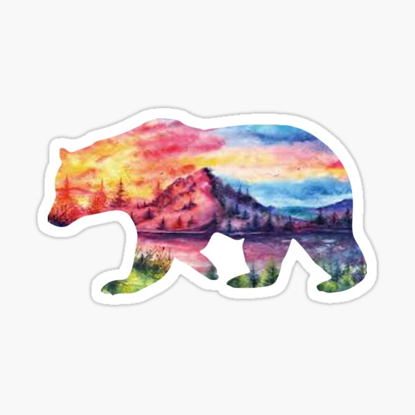 Forest Bear Mountain Bear Wanderlust California Bear Silhouette with Mountains Landscape, Trees, Moon & Stars Sticker
