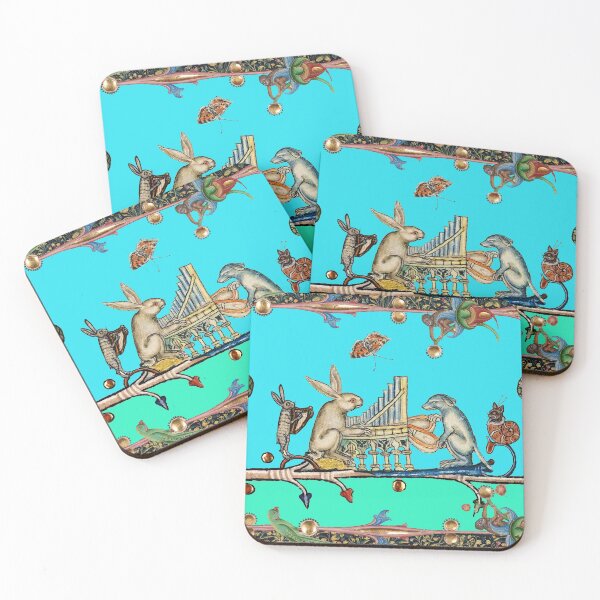 Item preview, WEIRD MEDIEVAL BESTIARY MAKING MUSIC,White Rabbit And Dog Playing Organ, Harpist Hare, Snail Cat in Blue designed and sold by BulganLumini.