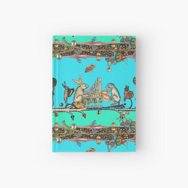 WEIRD MEDIEVAL BESTIARY MAKING MUSIC,White Rabbit And Dog Playing Organ, Harpist Hare, Snail Cat in Blue Hardcover Journal