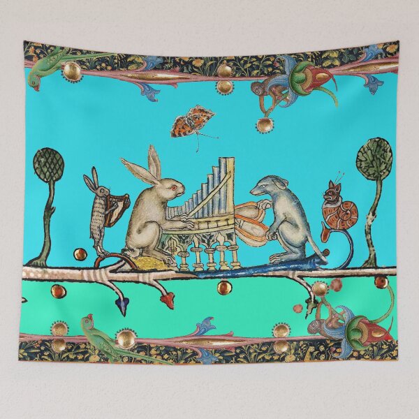 Item preview, WEIRD MEDIEVAL BESTIARY MAKING MUSIC,White Rabbit And Dog Playing Organ, Harpist Hare, Snail Cat in Blue designed and sold by BulganLumini.