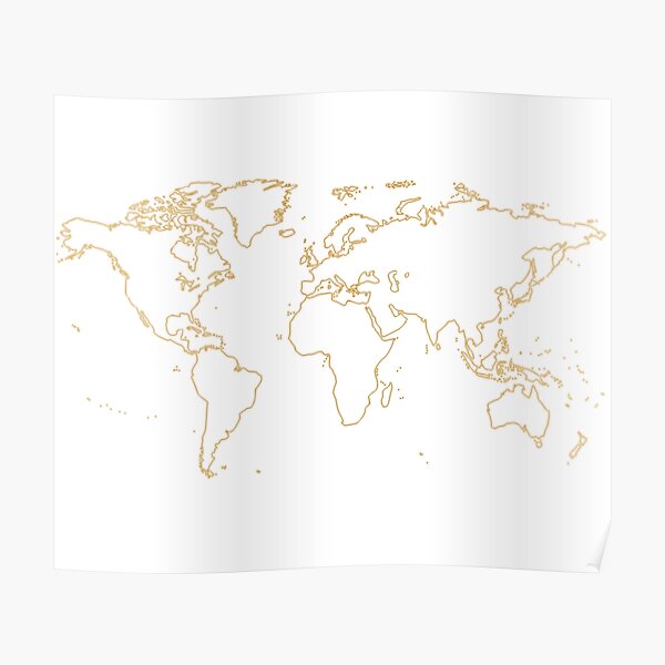 Golden Outline of world map on white background Poster
