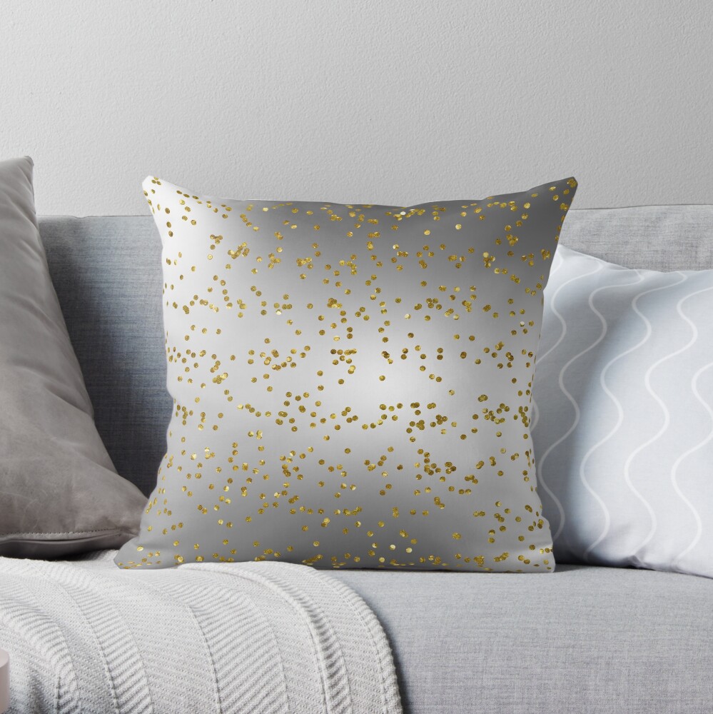 Silver Grey with Gold Glitter Throw Pillow
