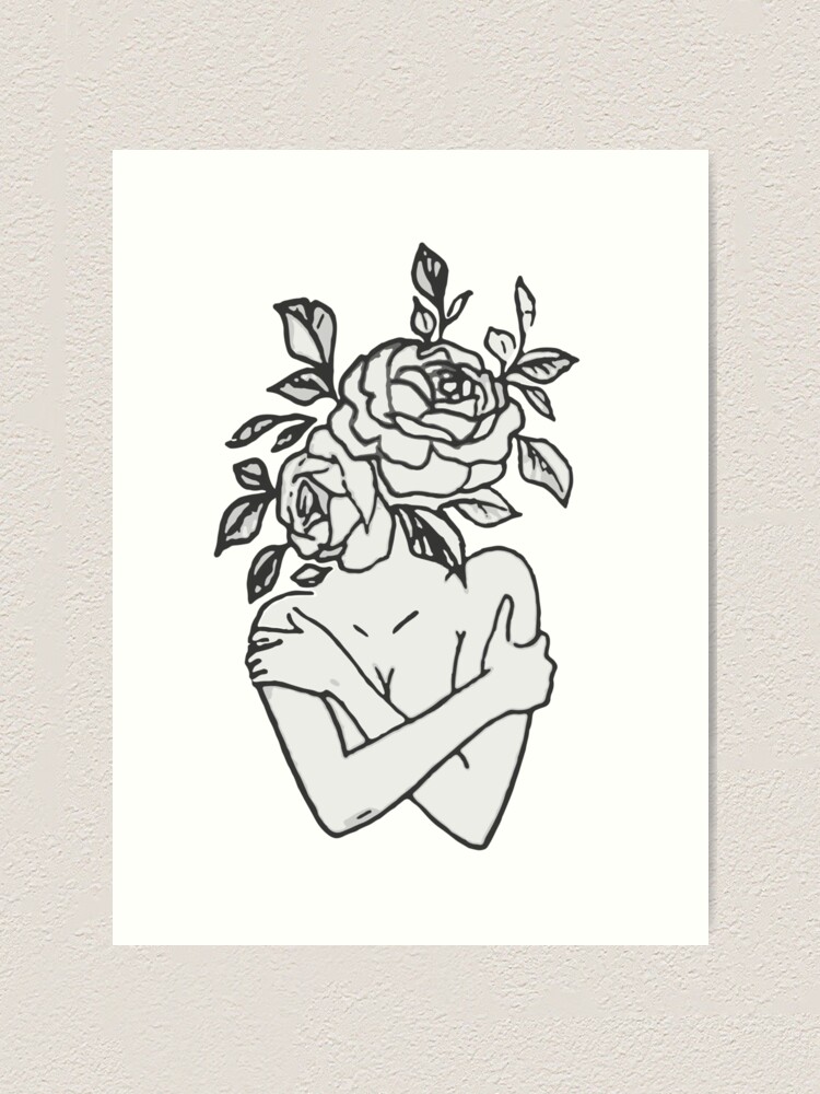 Drawn hand holding and offering rose flowers, printable sketch art