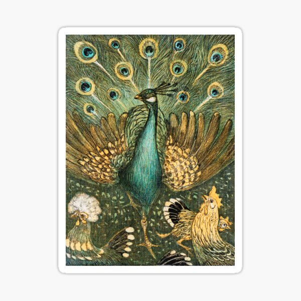 Pretty Peacock and Rooster Vintage Art Sticker
