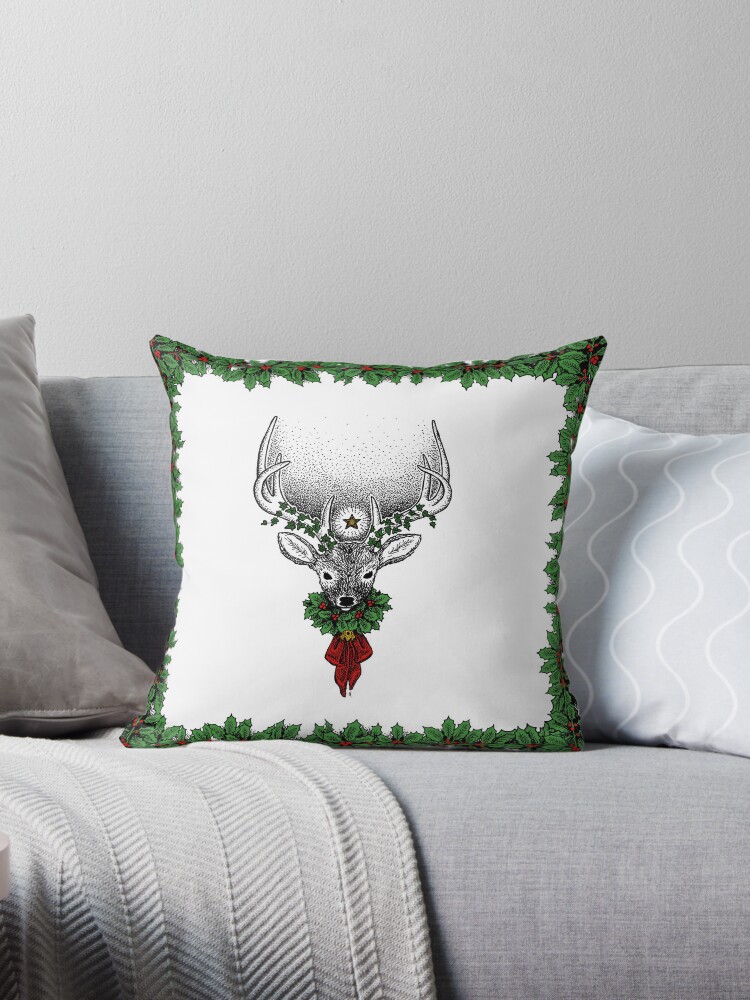 Thumbnail 1 of 3, Throw Pillow, The Yule Stag designed and sold by NoddingViolet.