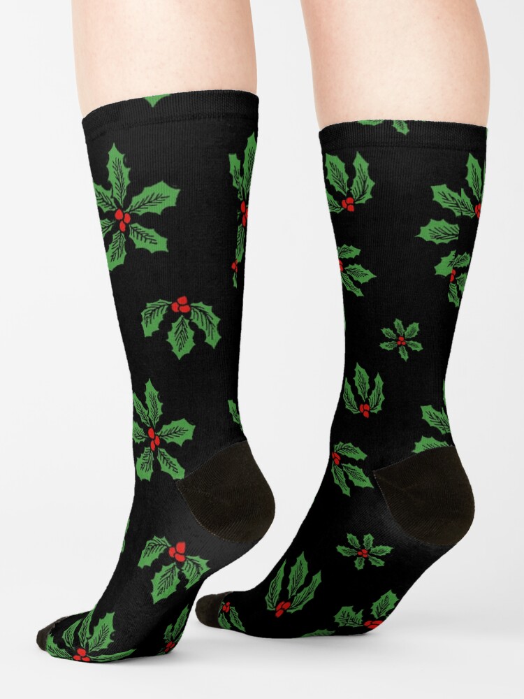 Thumbnail 4 of 5, Socks, Winter Holly Socks, Black designed and sold by NoddingViolet.