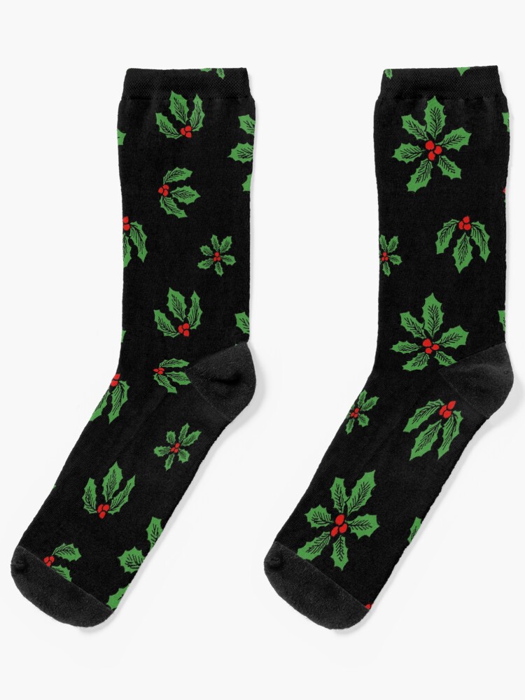 Thumbnail 1 of 5, Socks, Winter Holly Socks, Black designed and sold by NoddingViolet.
