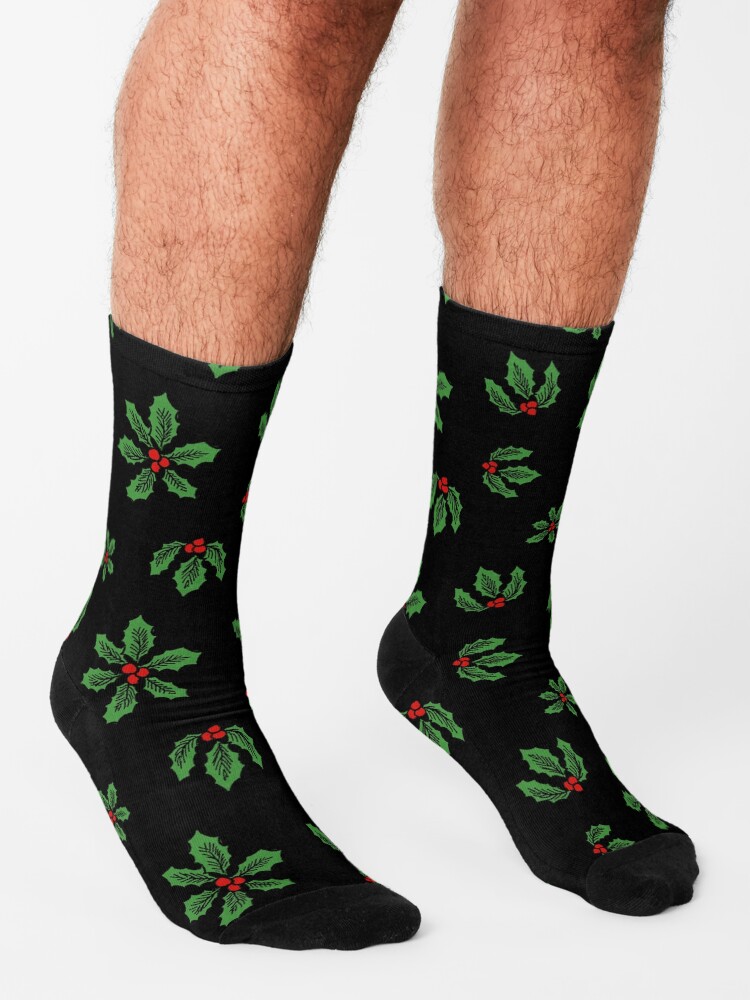 Thumbnail 3 of 5, Socks, Winter Holly Socks, Black designed and sold by NoddingViolet.