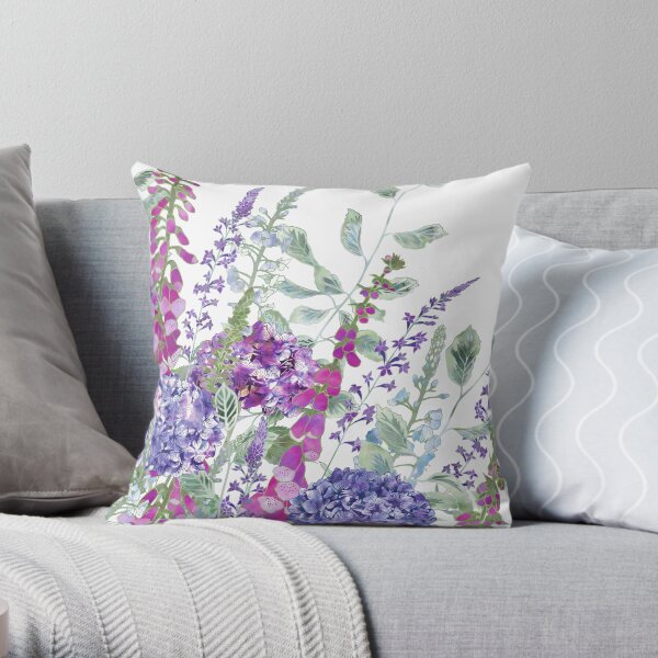 Pink Foxgloves & Hydrangeas Throw Pillow