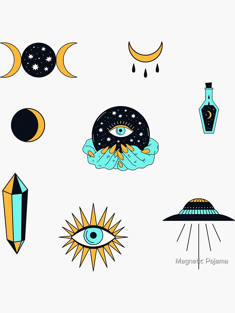 Spiritual Goddess Sticker Pack // all-seeing eye, witch, crystals, moon phases, ufo flying saucer by MagneticMama