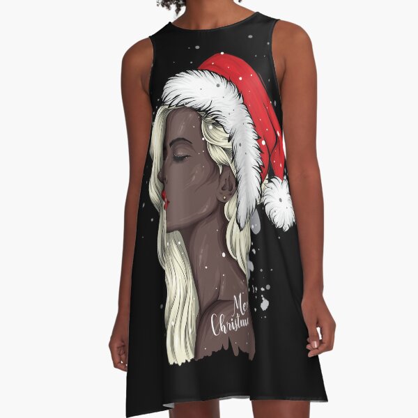 Woman Wearing Red Christmas Hat A-Line Dress
