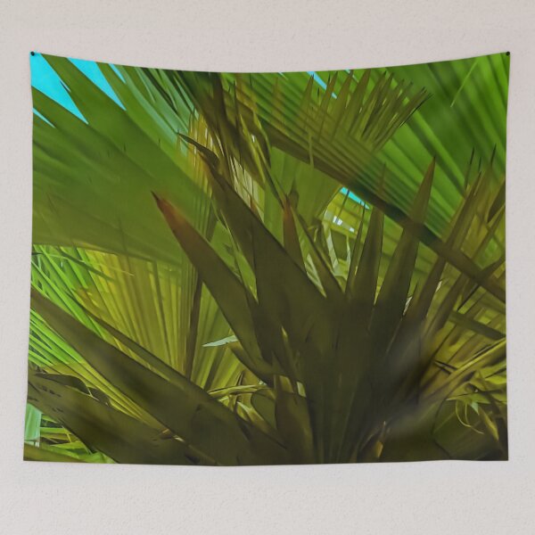 Item preview, green palm leaves texture with blue sky background designed and sold by Mrvell.